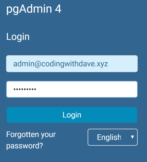 pgAdmin4 Login Screen