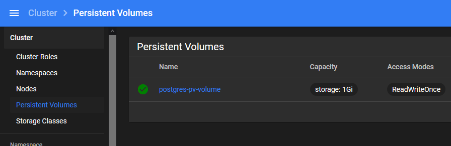 Postgres PersistentVolume Created